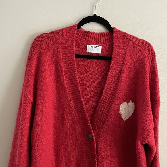 Old Navy Women M TALL Red Heart Graphic Knit V-Neck Slouchy Cardigan Sweater - Picture 7 of 12